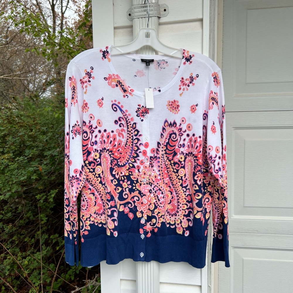 NWT Talbots Gorgeous White Navy Pink Yellow Paisley Charming Cardigan